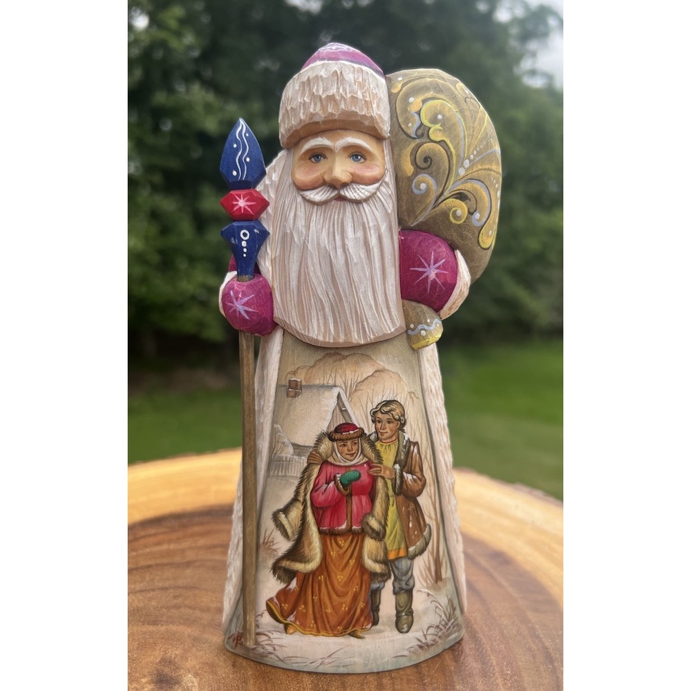 Russian Ded Moroz Father Frost Santa Hand Carved Painted Wood Signed Folk Art